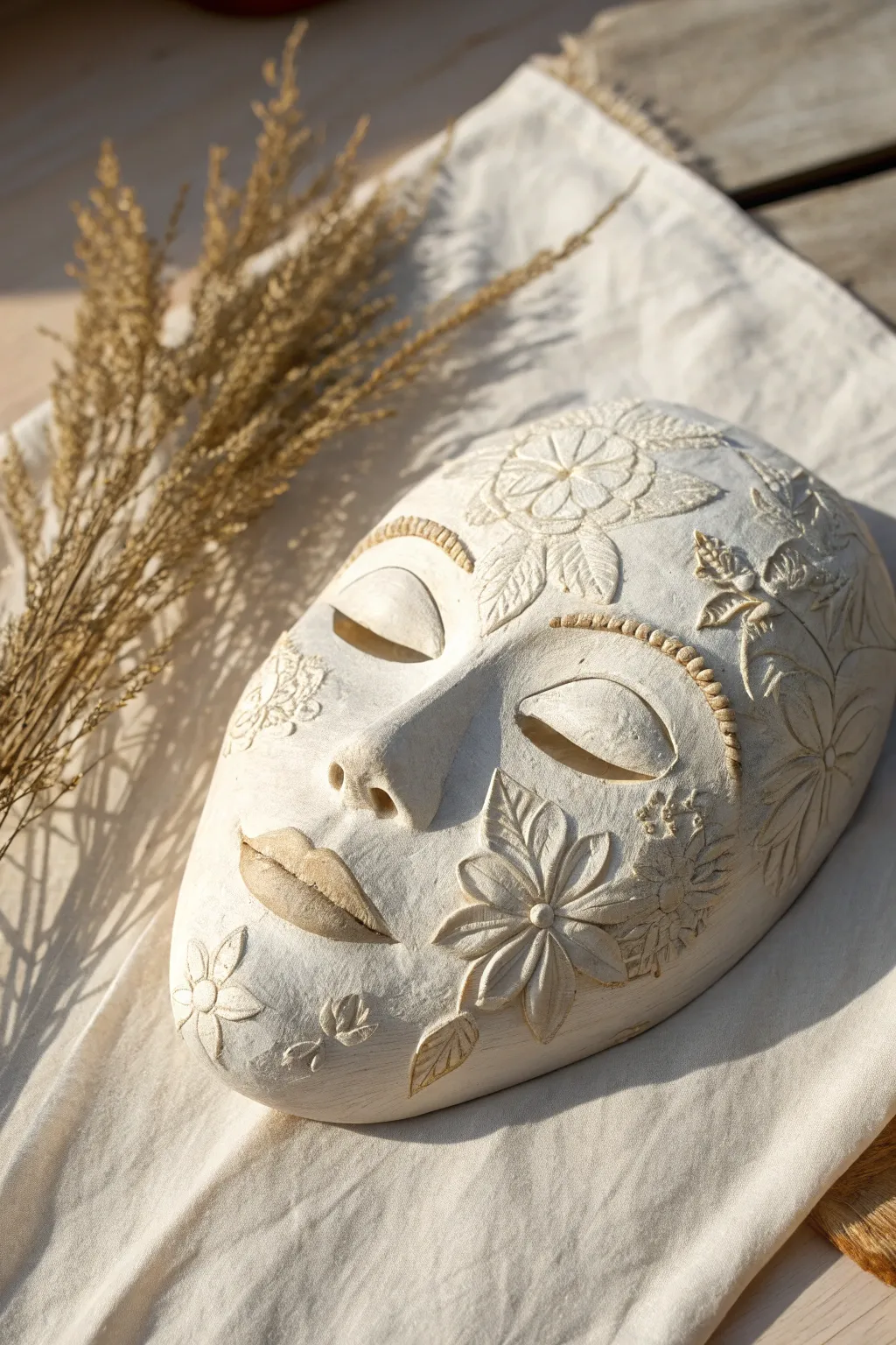 Fabric-imprint clay mask with lace and linen textures, softly lit for crisp, tactile contrast