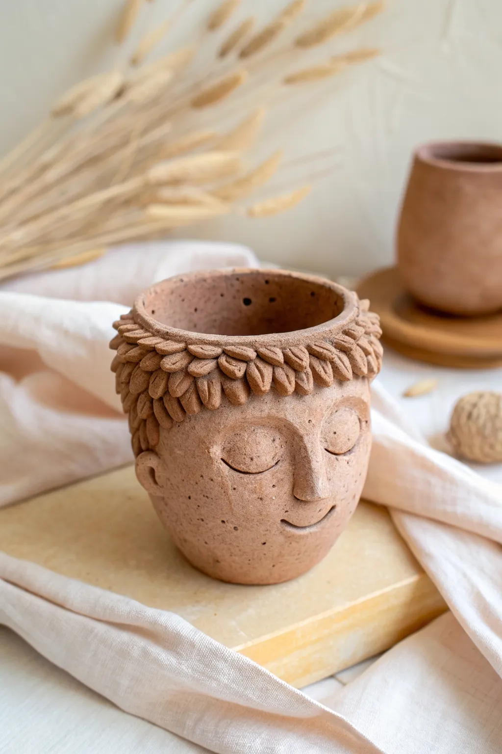 Beginner-friendly face planter head in matte terracotta, minimalist boho style with cozy texture.