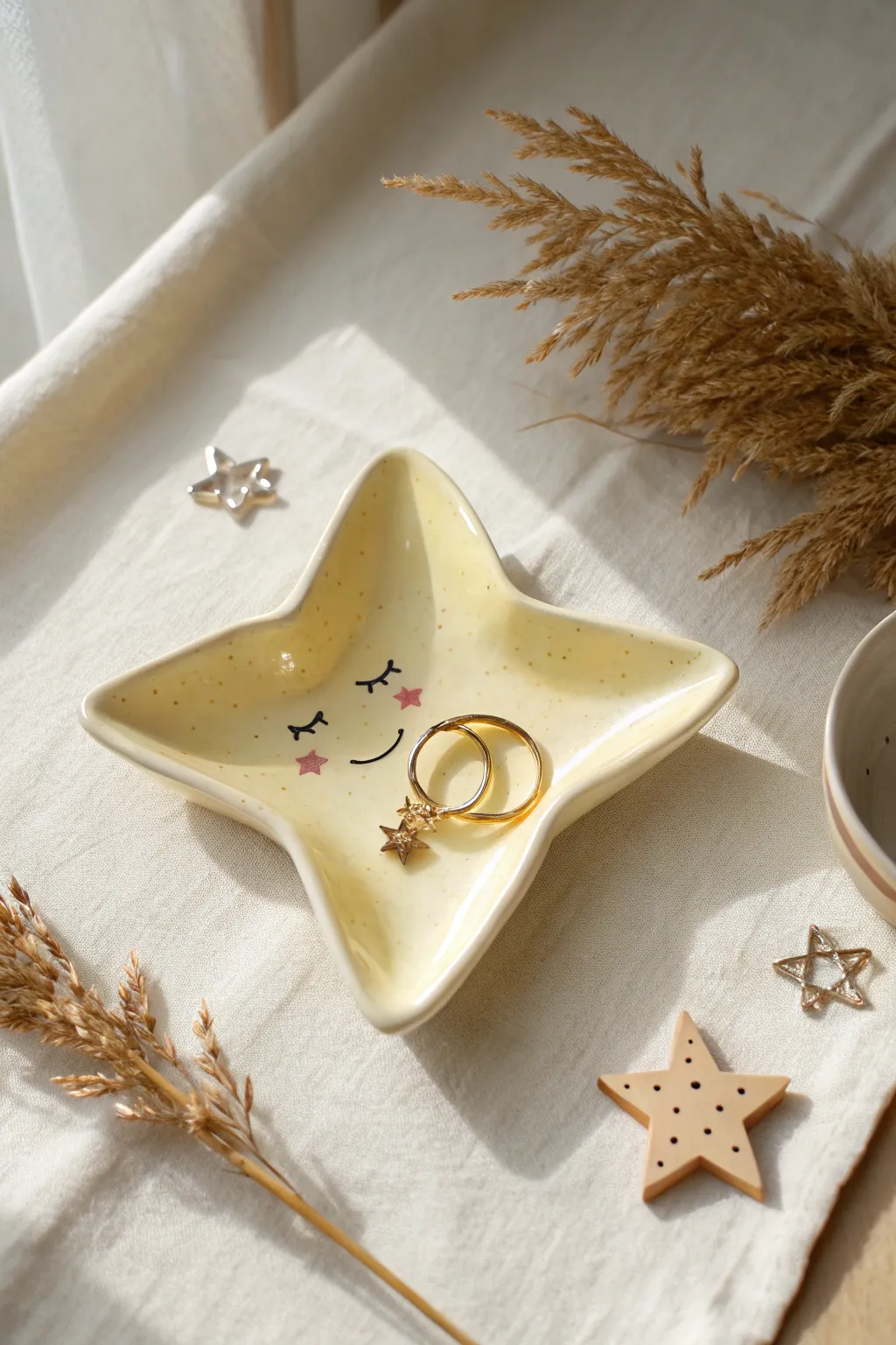 Sweet star-face trinket dish in pale yellow, holding earrings for cute functional whimsy.