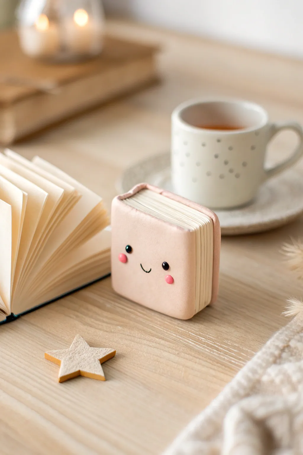 Mini clay book buddy with a sweet face and star charm, perfect for cozy desk decor