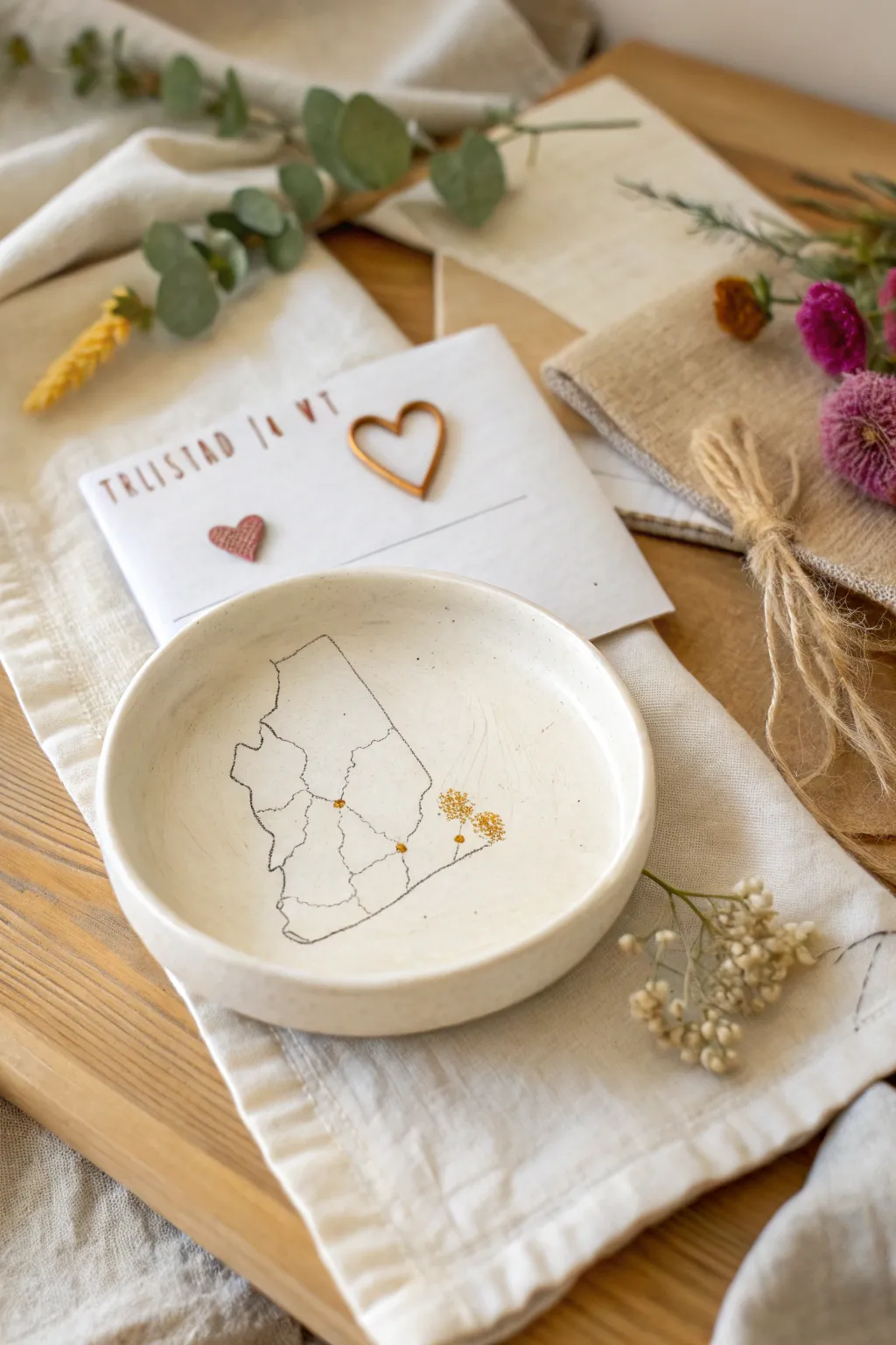 Air-dry clay first-date map trinket dish styled for a romantic, minimalist at-home pottery night.