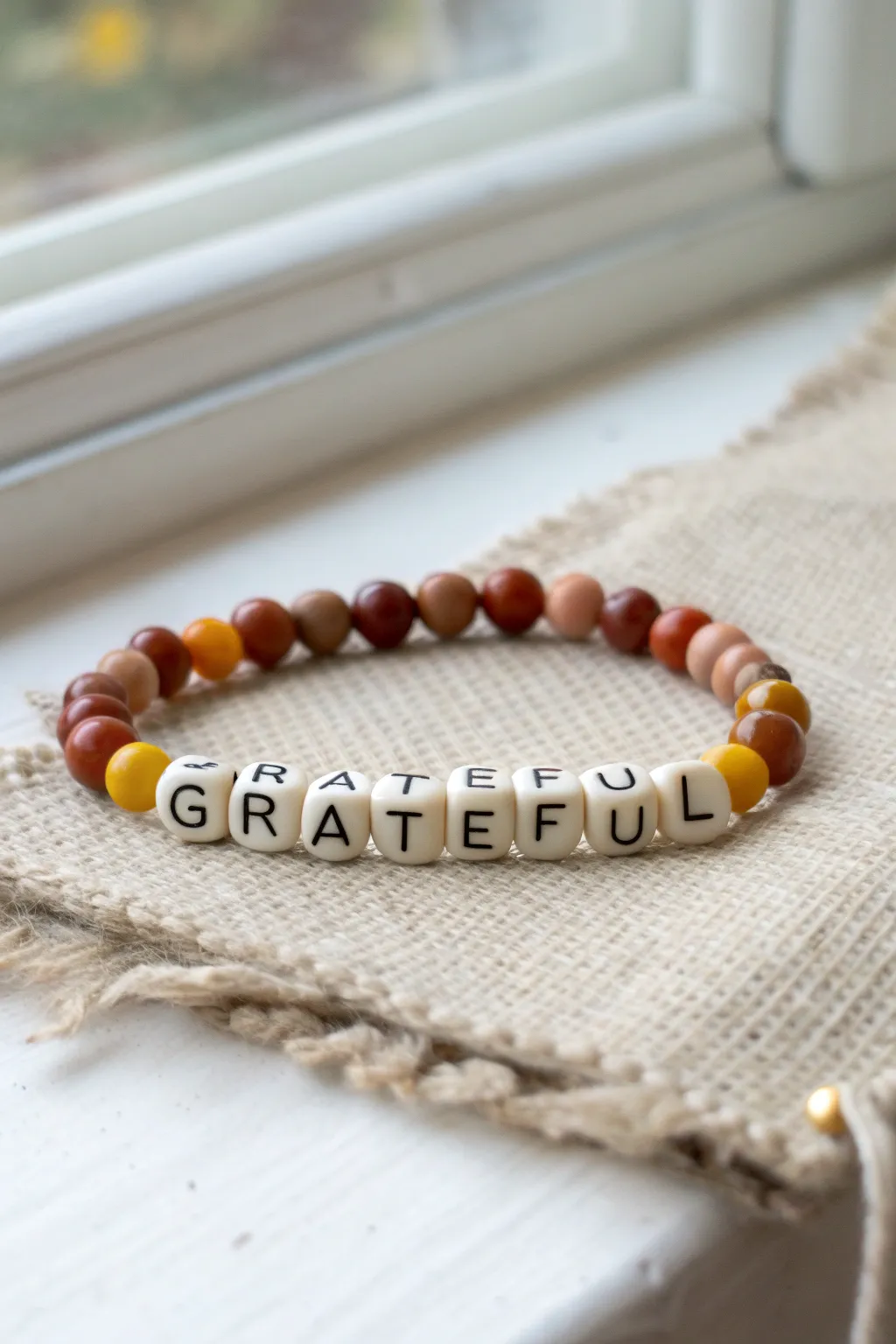 Autumn thankful clay bead bracelet in warm browns and mustard with cream letter beads.