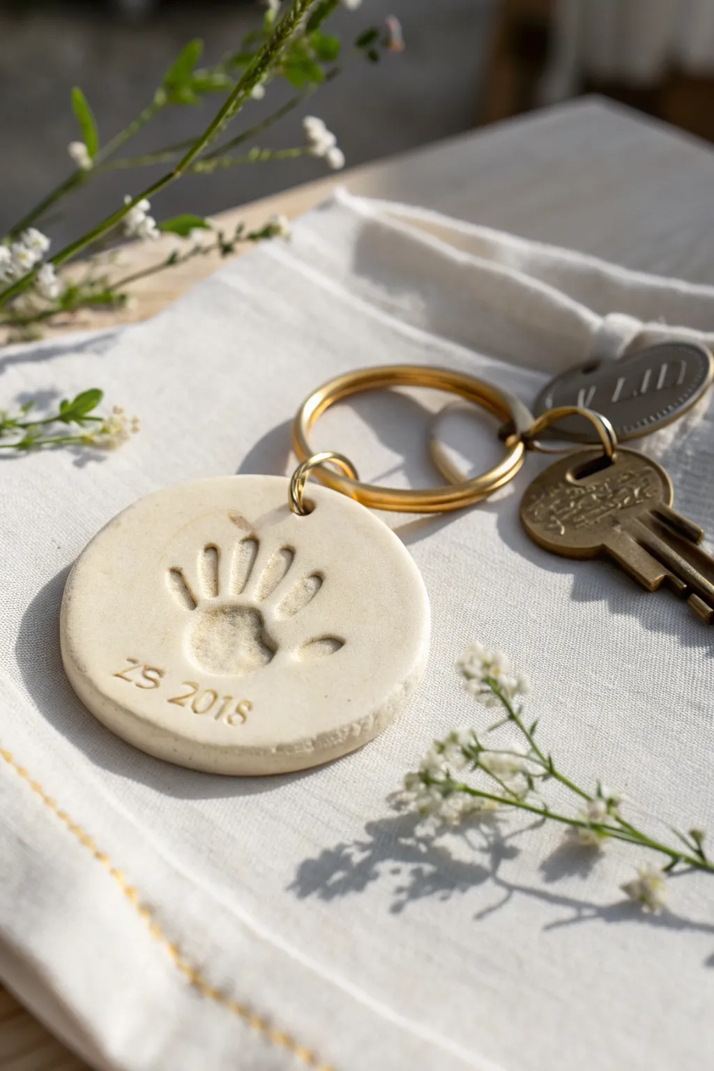 Minimal clay baby handprint keychain with stamped date, a simple keepsake gift parents adore