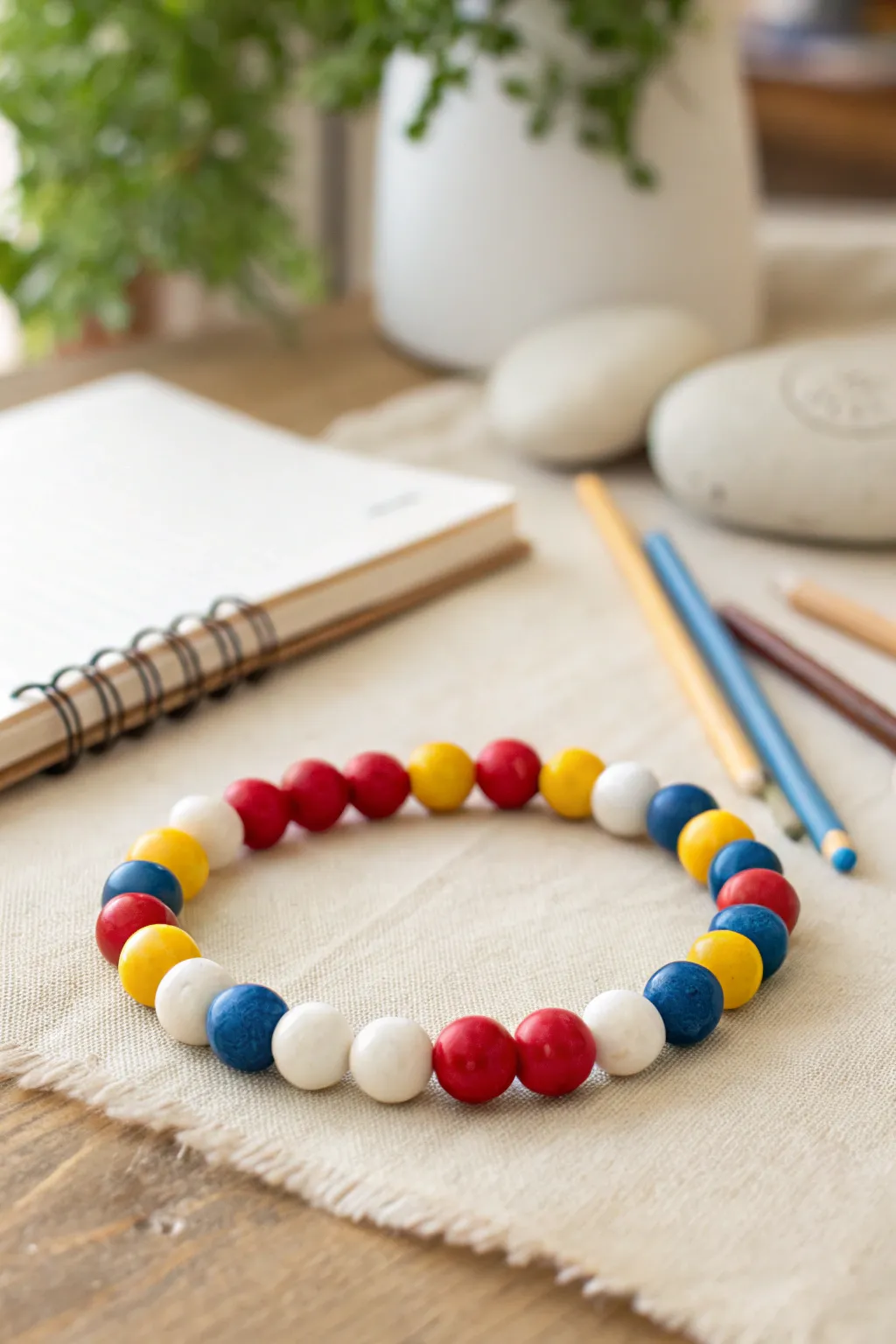 Primary palette clay bead bracelet with crisp white spacers, styled by a blank sketchbook and pencils.