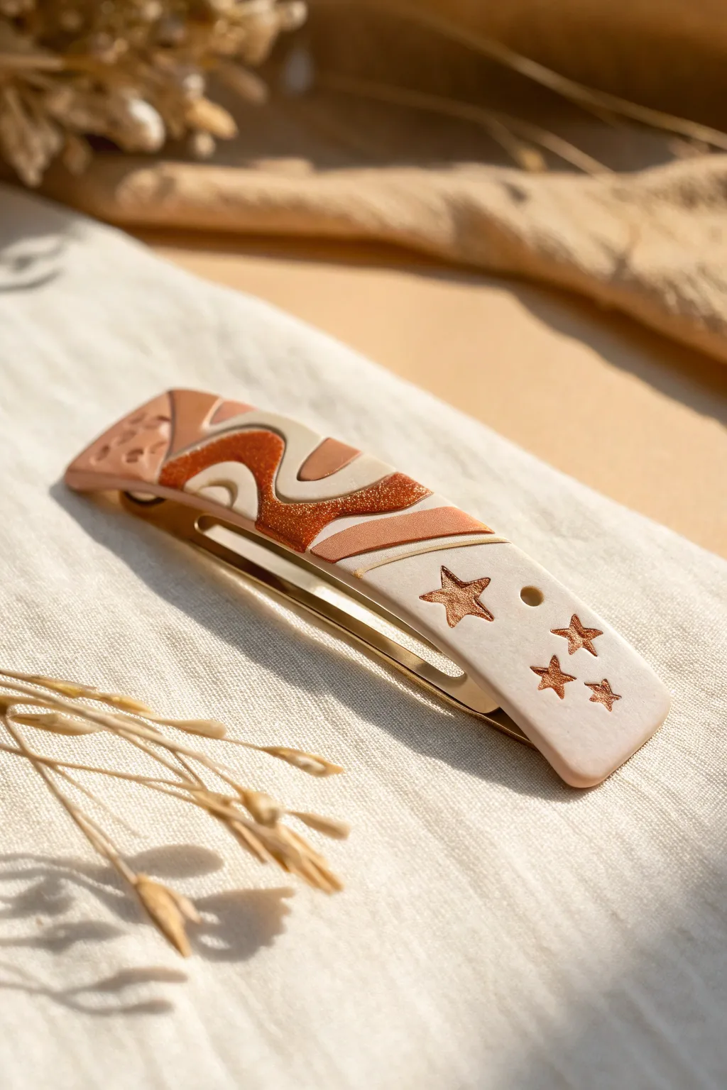 Minimal polymer clay hair clip topper in soft neutrals, a cute bakeable clay idea for beginners.