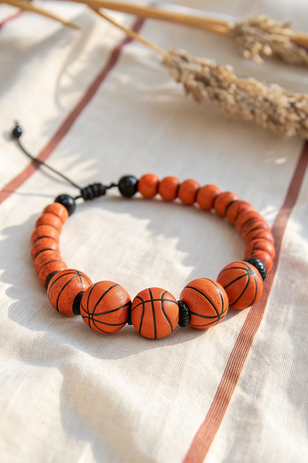 Marbled orange heishi beads with black accents for an easy basketball leather inspired bracelet.