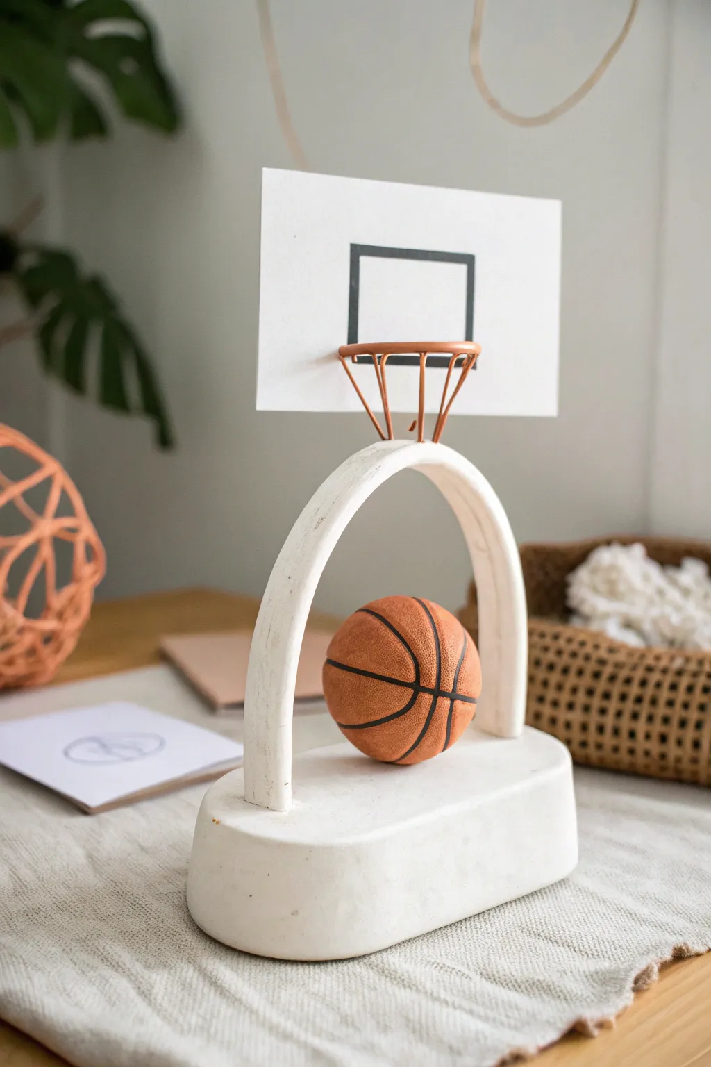 Minimal clay basketball hoop stand that holds a photo card, with a tiny ball detail and cozy contrast.
