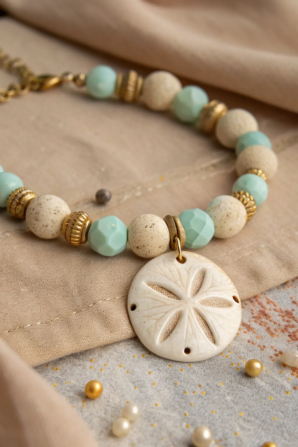 Beachy minimalist bracelet featuring a sand dollar clay focal disc with cream and pale aqua heishi beads.
