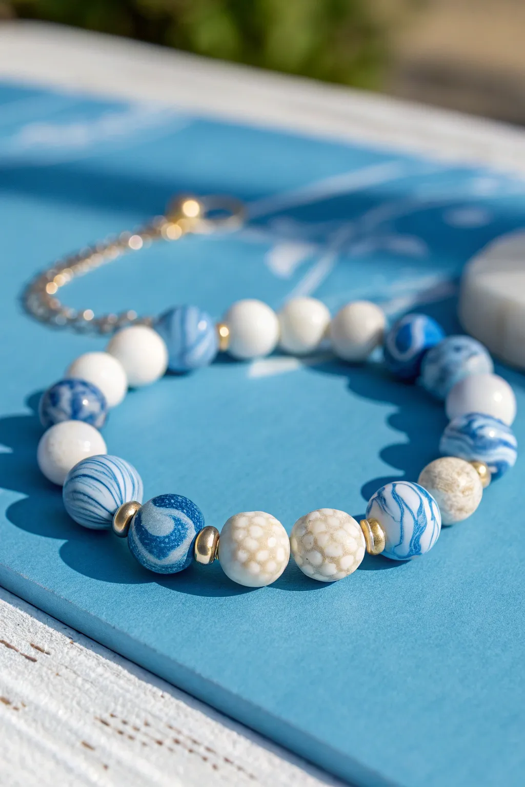 Ocean-swirled marbled clay statement beads paired with crisp white heishi for a fresh beachy look