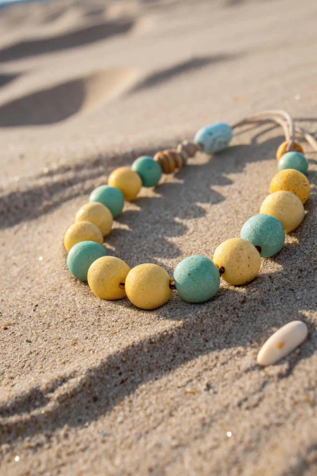 Lagoon green meets mango yellow in a bold beachy clay bead bracelet with clean color blocking.