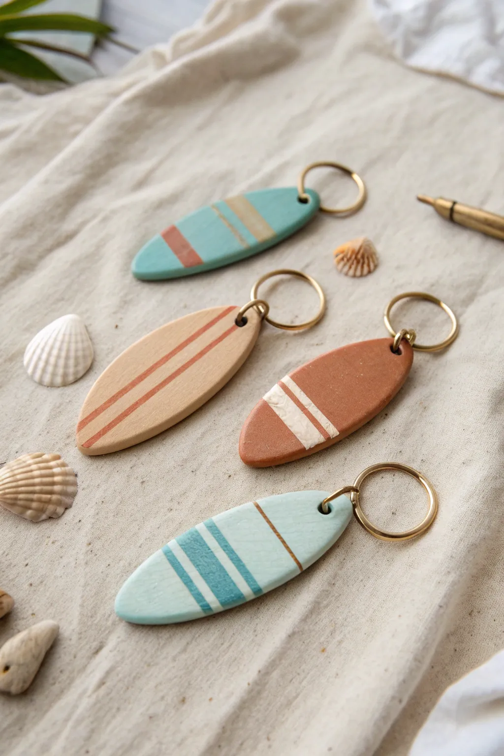Minimal clay surfboard keychain tags in sunny coastal tones for an easy beachy DIY.