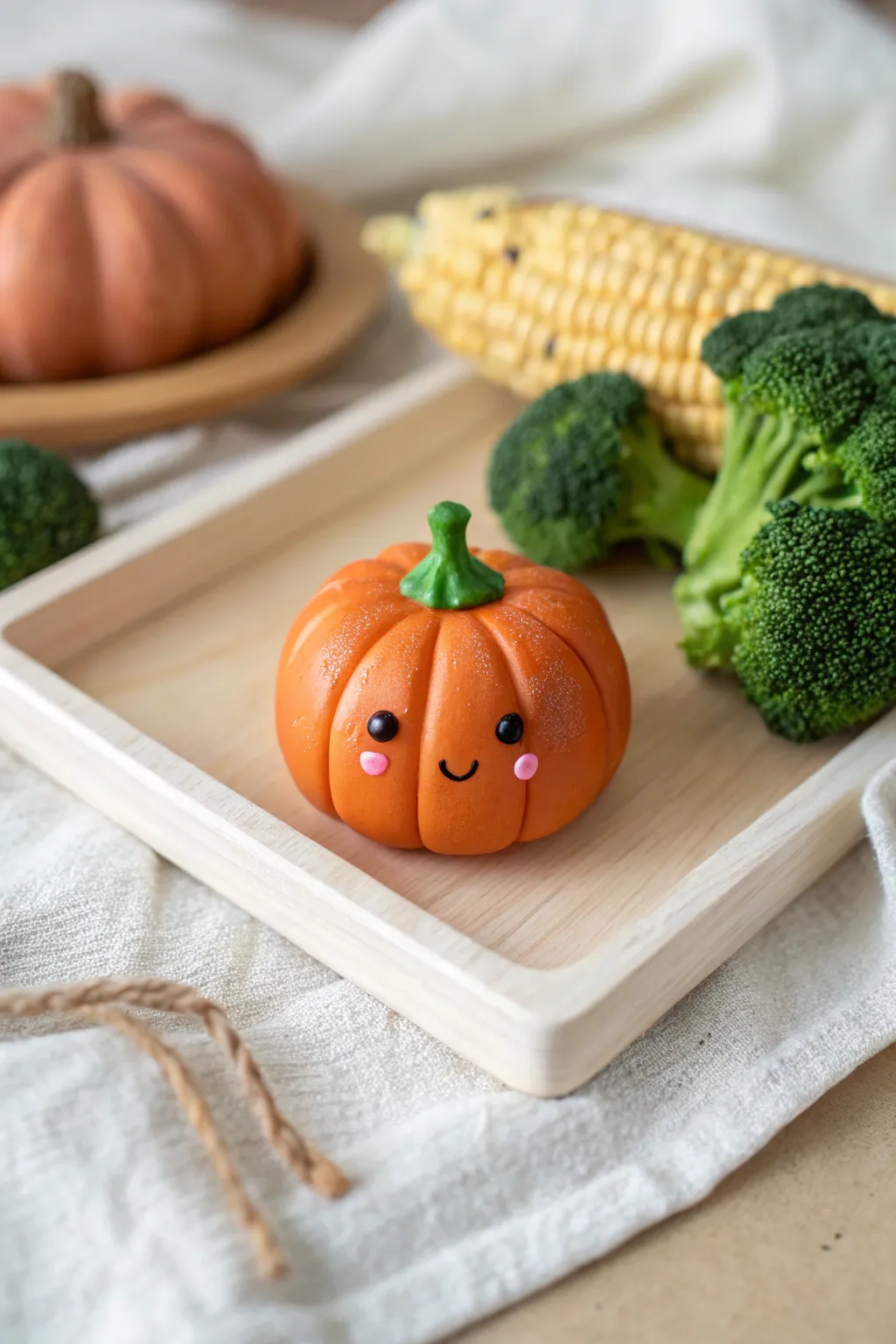 Adorable mini food friends with rosy cheeks, styled in soft Scandi tones for cute clay inspiration.