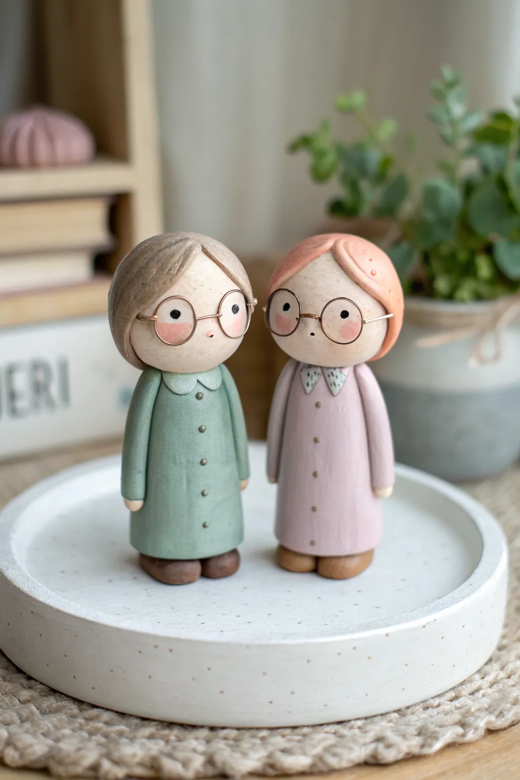 Sweet bestie clay twins with tiny glasses and matching outfits, minimalist and handmade charm.