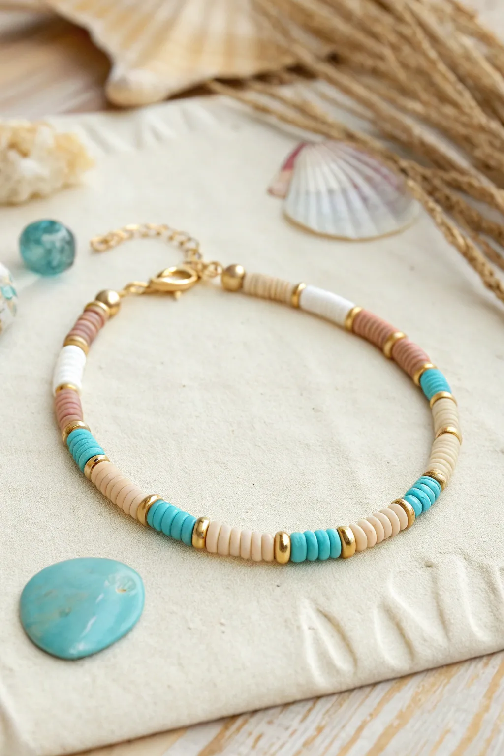 Beachy BFF colorway bracelet: sandy neutrals and ocean blues with easy heishi clay beads.