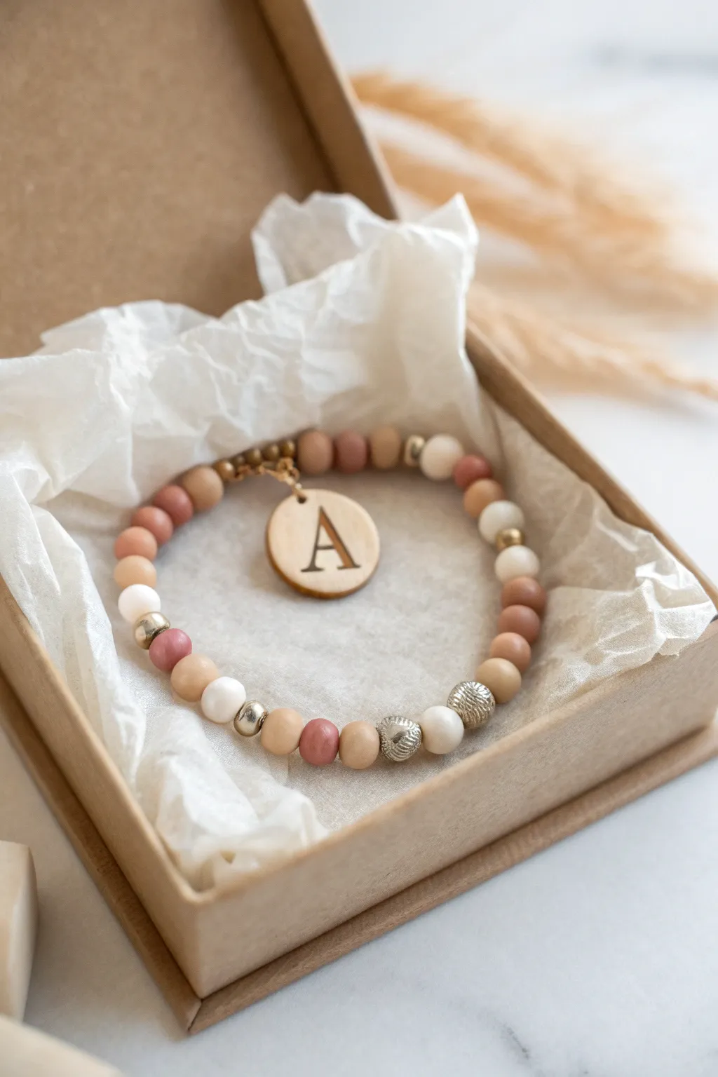 Minimalist initial and tiny heart clay bead bracelet, gift-ready in a simple tissue-lined box