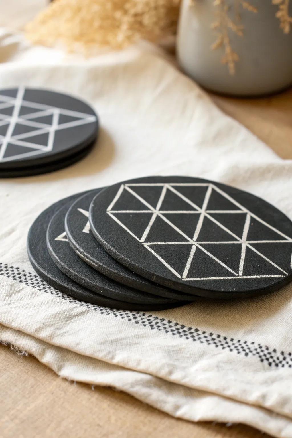 Matte black clay coasters with crisp white inlay lines for clean, high-contrast geometry