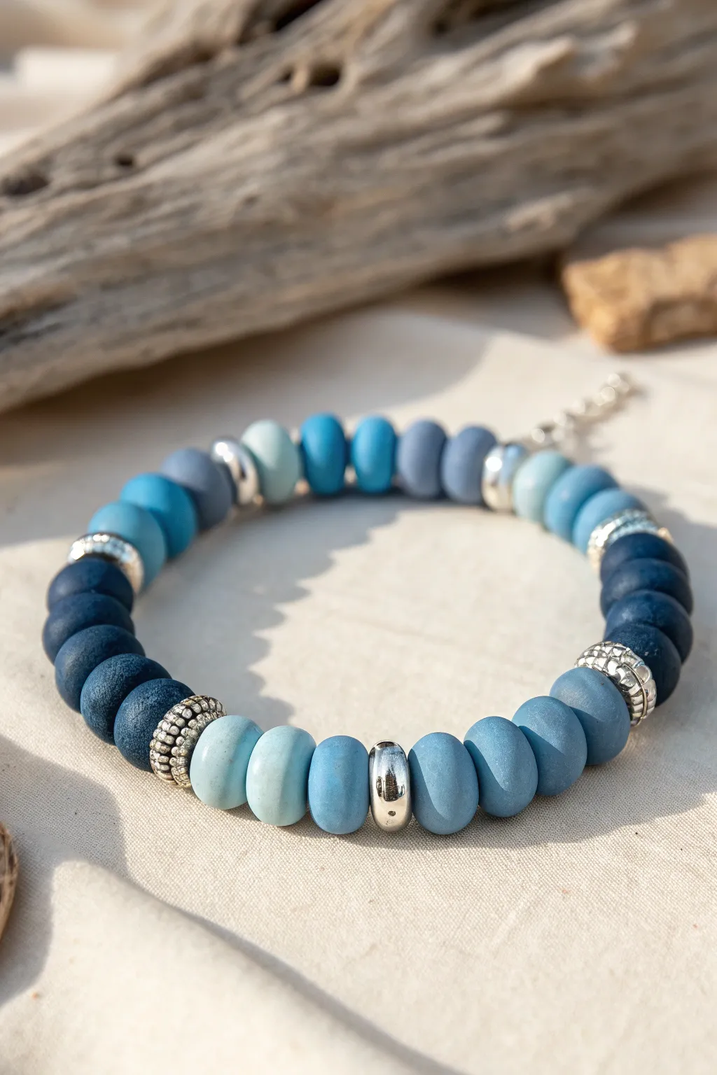 Two-tone blue spiral clay bracelet with tiny metallic spacers, clean and boho-minimal.