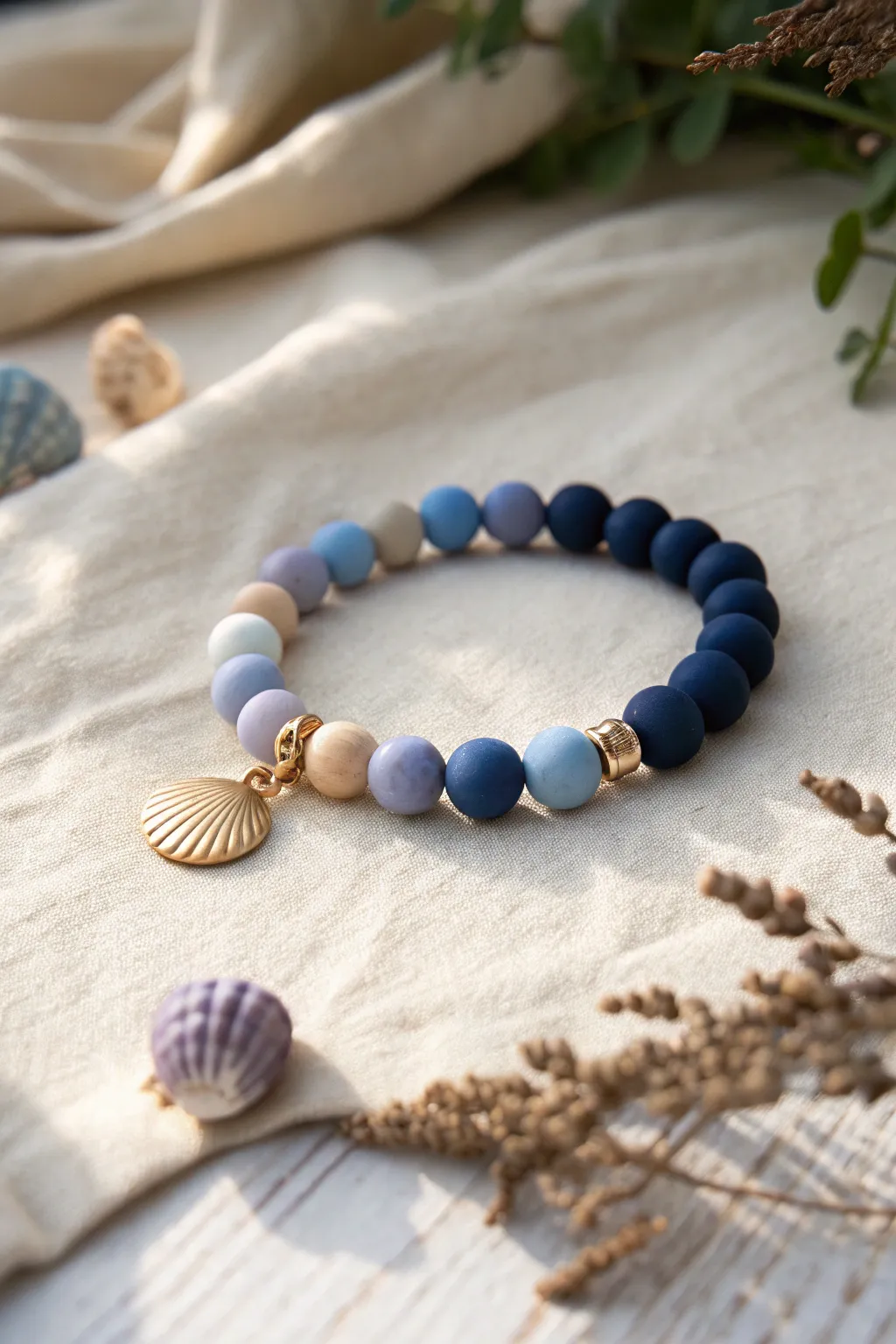 Navy-to-sky blue clay beads with a barely-there lilac edge for a calm sunset fade look