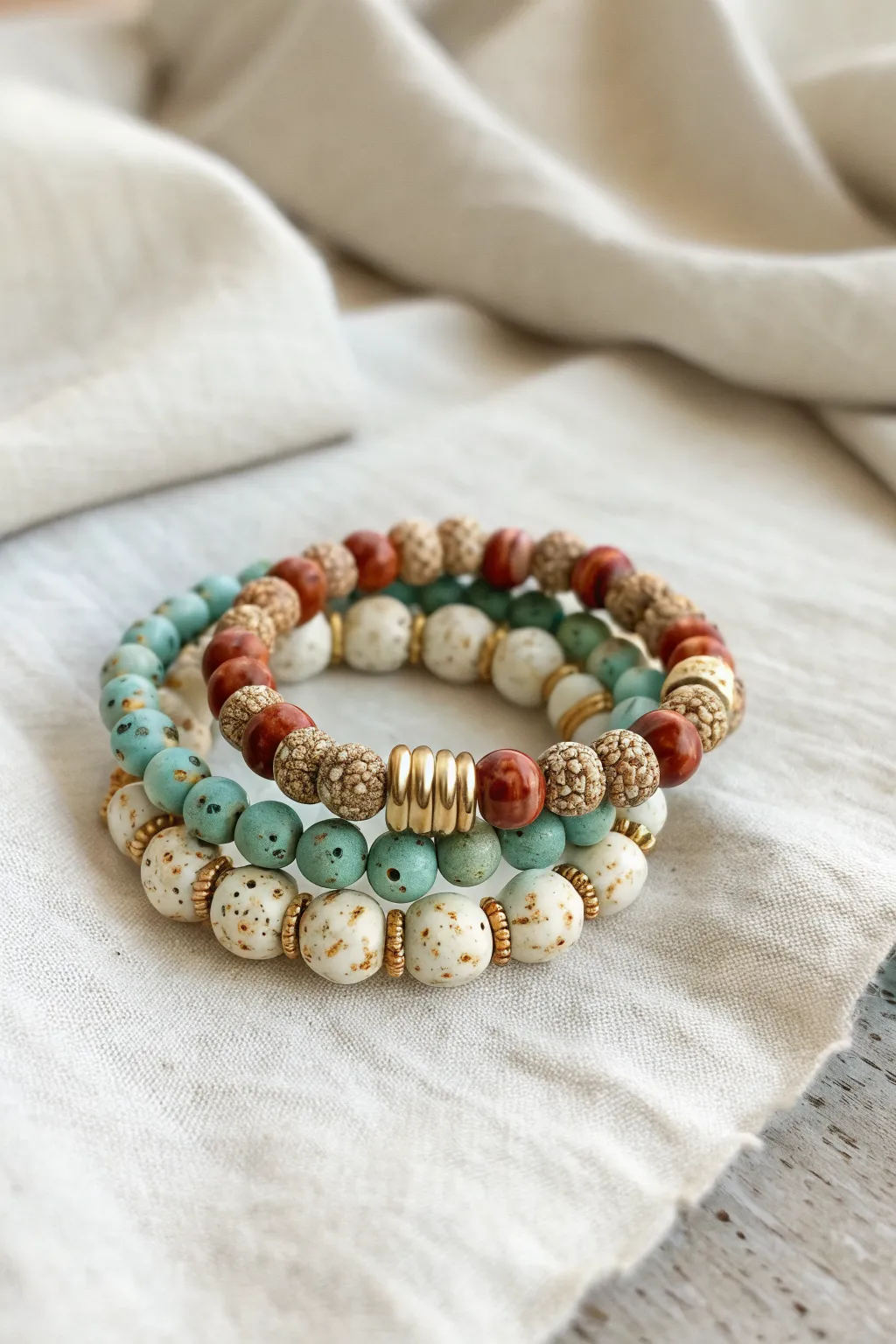 Terrazzo speckle clay bead bracelet stack in rust, cream, and muted teal with minimal boho charm