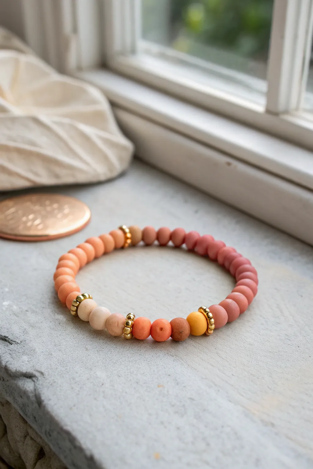 Sunset ombre clay beads with warm spacers, perfect for a simple boho bracelet stack.
