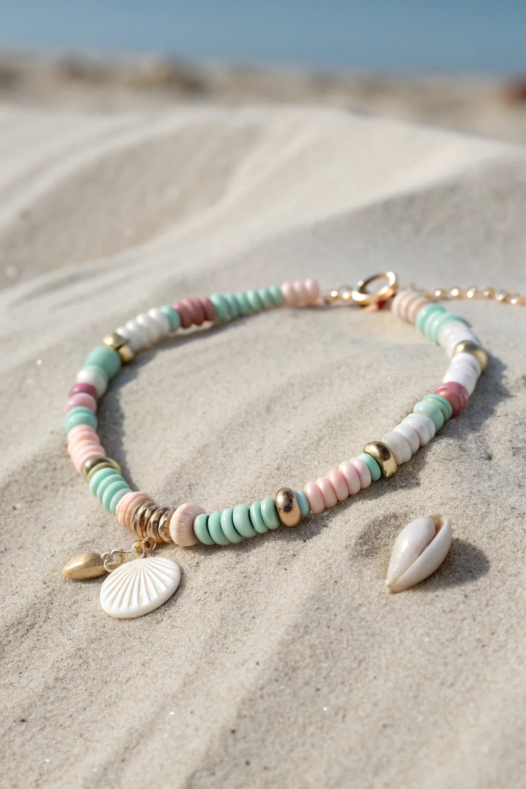 Pastel heishi clay beads with tiny shell accents for a simple, sun-ready beach bracelet