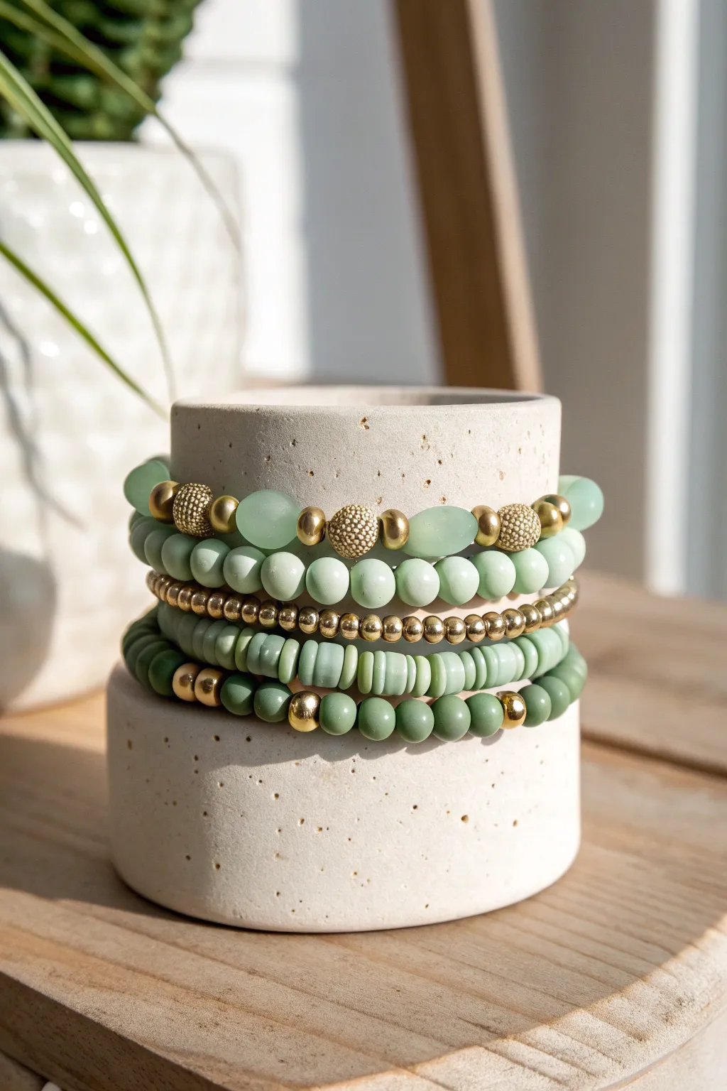 Monochrome clay bead bracelet stack in sage green with mixed gold spacers for simple contrast