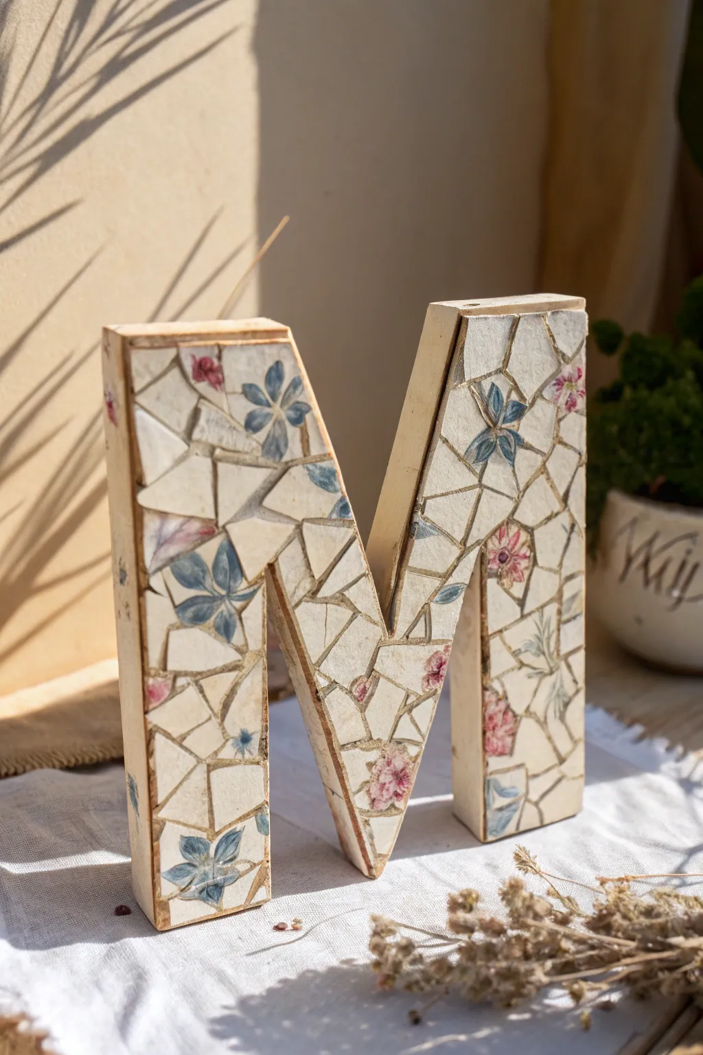 Elegant monogram art from broken floral plates, a minimalist boho accent with handmade charm.