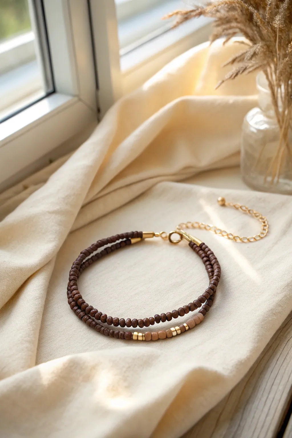 Chic layered bracelet with dark heishi beads and tan clay rounds, minimal and handmade