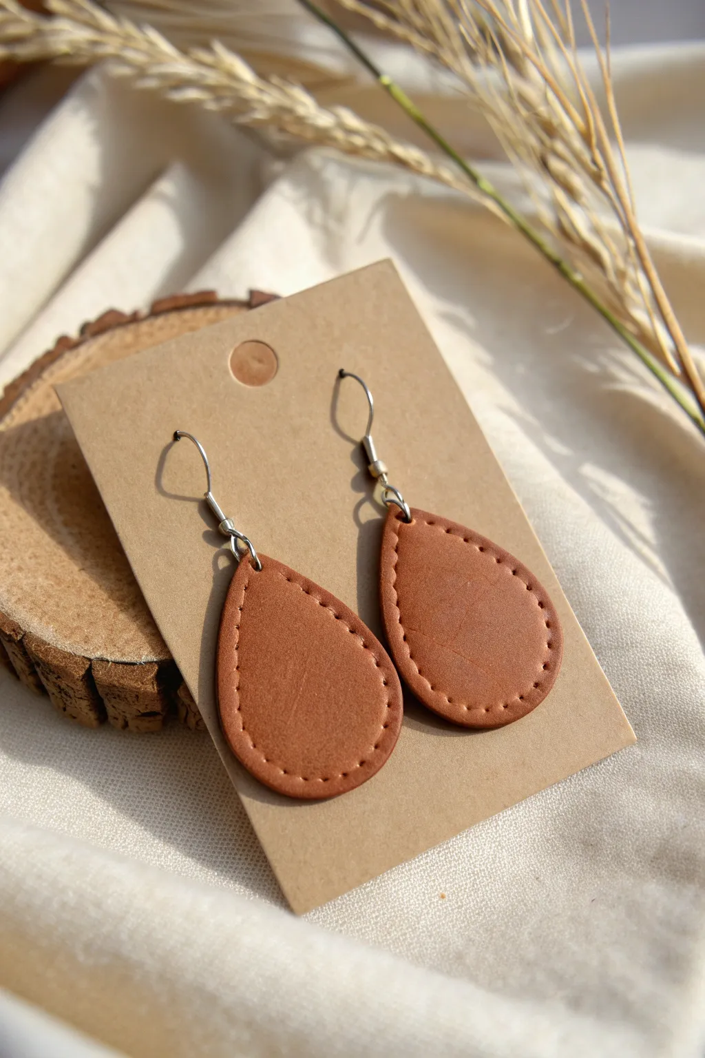 Minimalist brown clay drop earrings with a faux leather stitch detail, styled on a neutral card