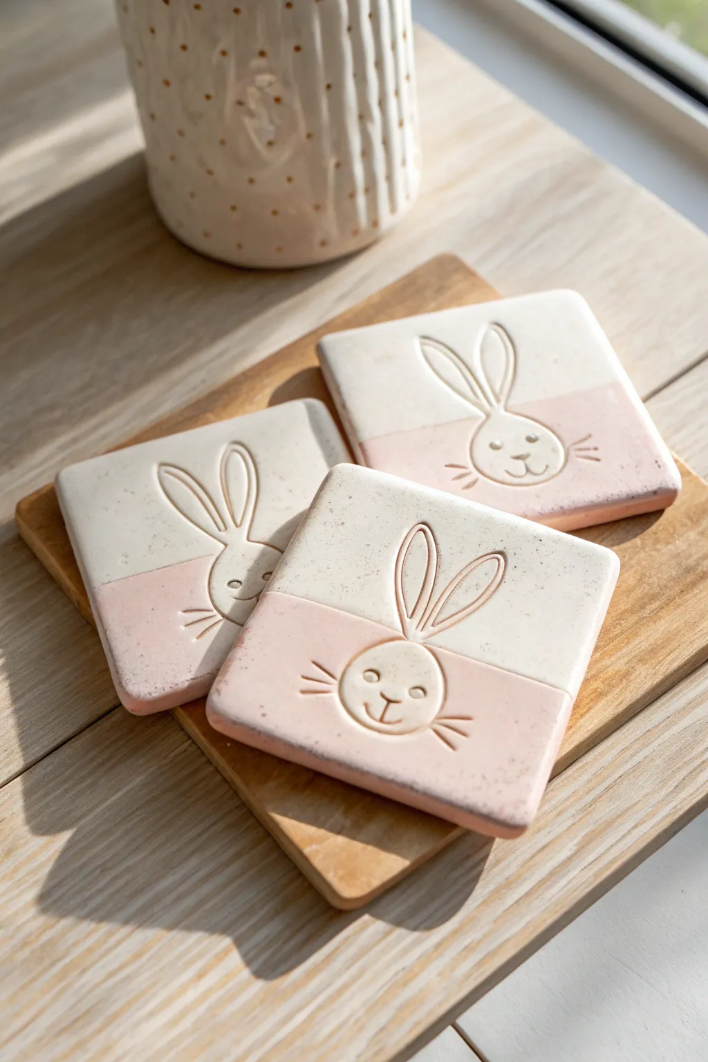 Minimal bunny tile coasters in soft neutrals, stacked for a clean Scandinavian boho vibe.