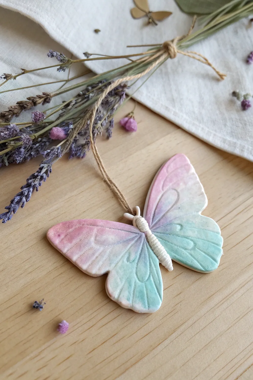 Pastel ombre clay butterfly with a glossy sheen, nestled beside dried flowers on neutral linen.