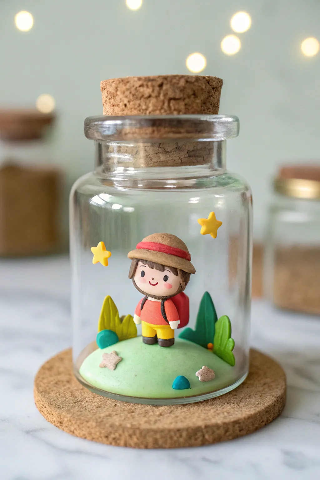 Cute cartoon jar diorama: chibi explorer with tiny clouds and hills, simple clay charm.