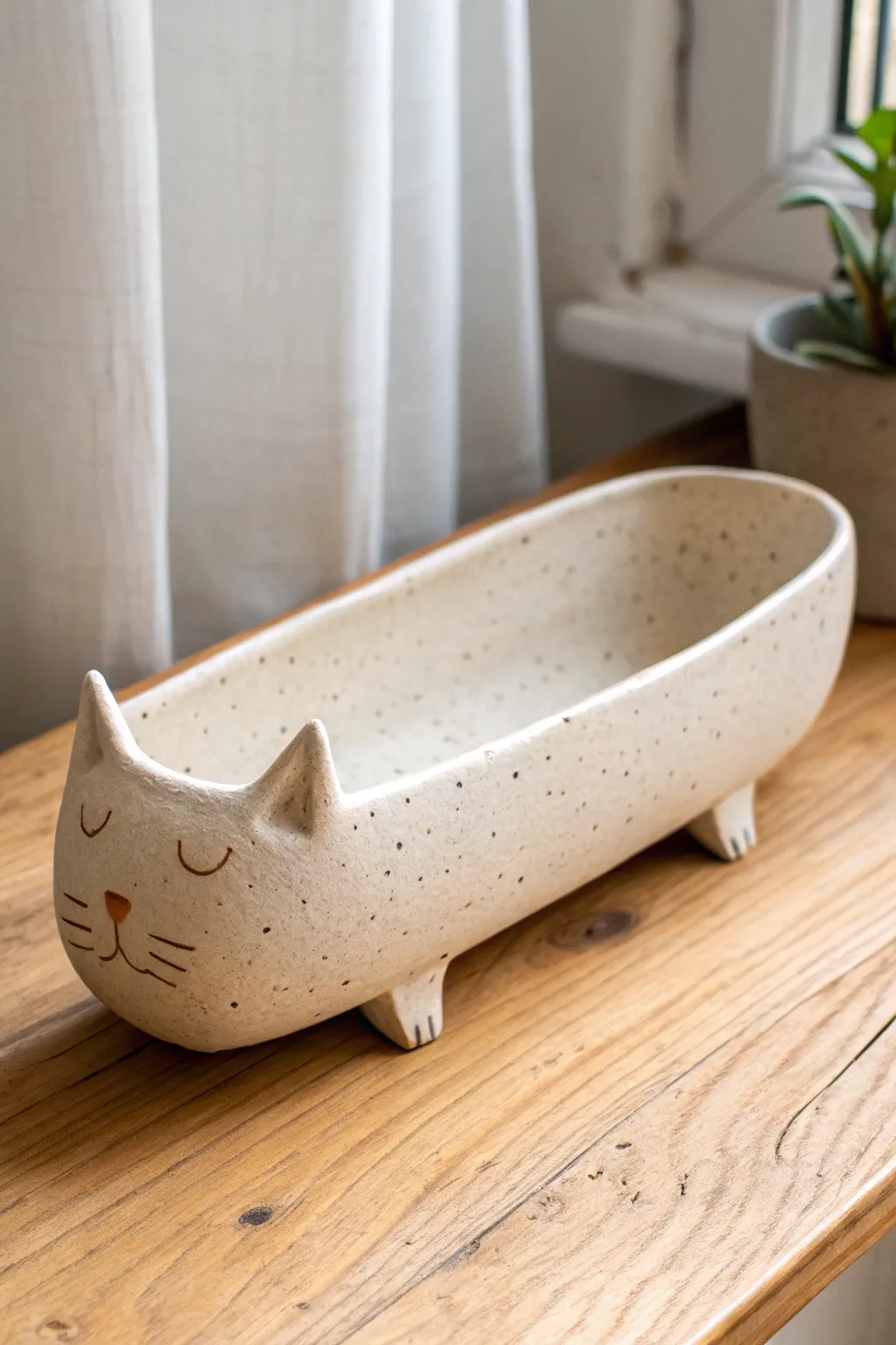 Loaf-shaped long cat pinch pot with tiny ears, dot paws, and a simple side tail