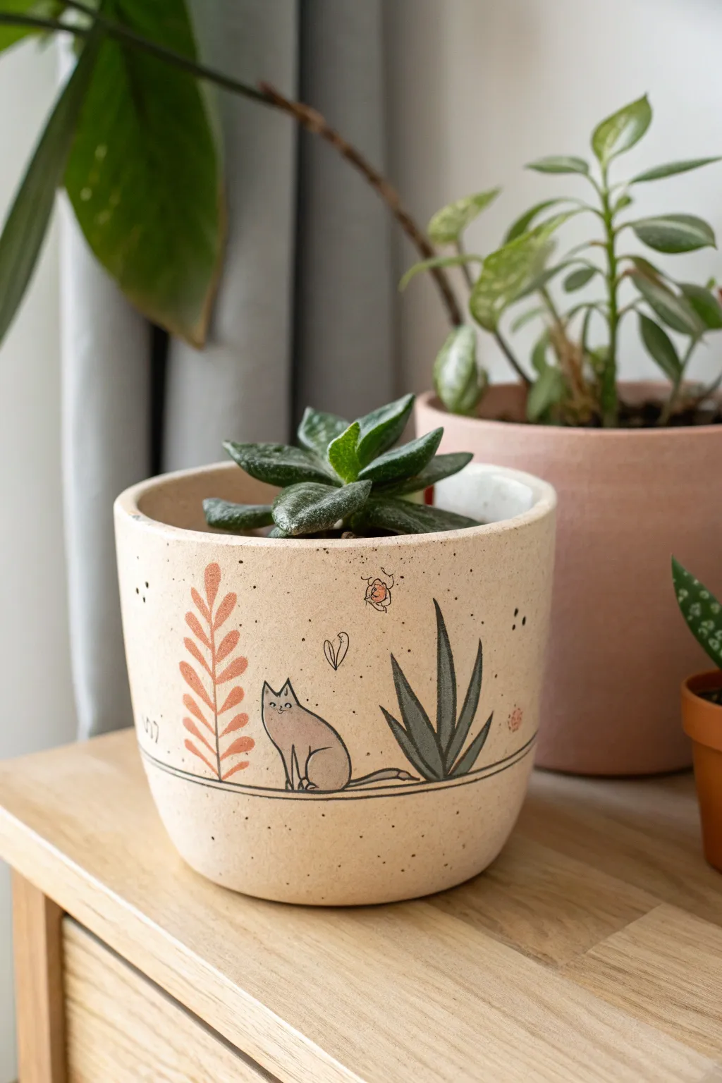 Minimal cat-and-plant planter design in earthy tones, perfect for cozy pottery painting inspiration.