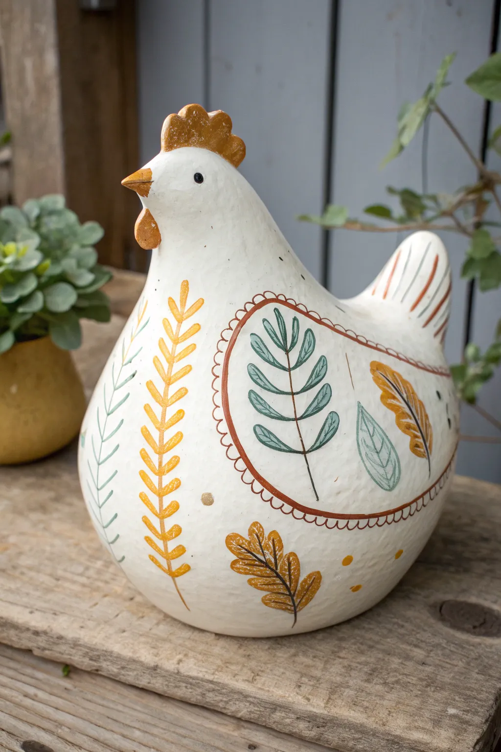 Plump patterned chicken with cheerful sgraffito feathers and leaves, minimalist boho charm
