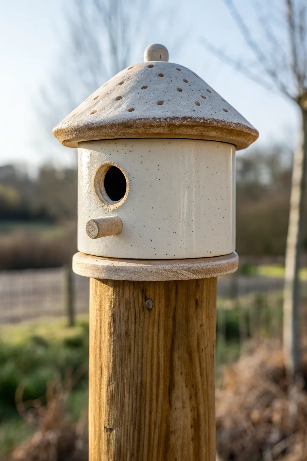 Pole-mounted ceramic birdhouse with a thick collar base, minimalist glaze, ready for outdoors.