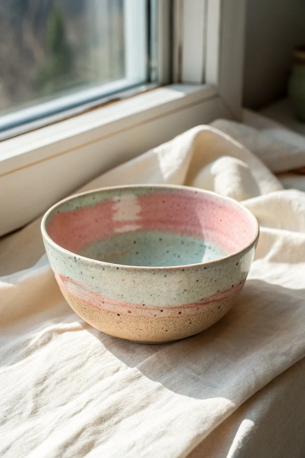 Dreamy watercolor-glazed ceramic bowl with soft gradients, minimalist styling, natural light.