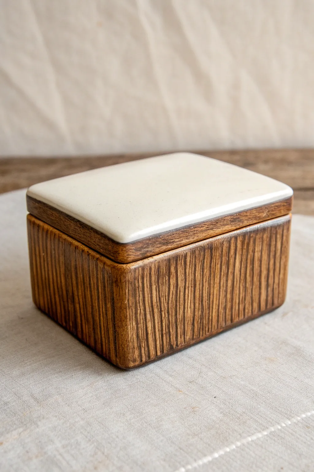 Warm faux woodgrain ceramic treasure box with dark wash, minimalist boho style and rich contrast.