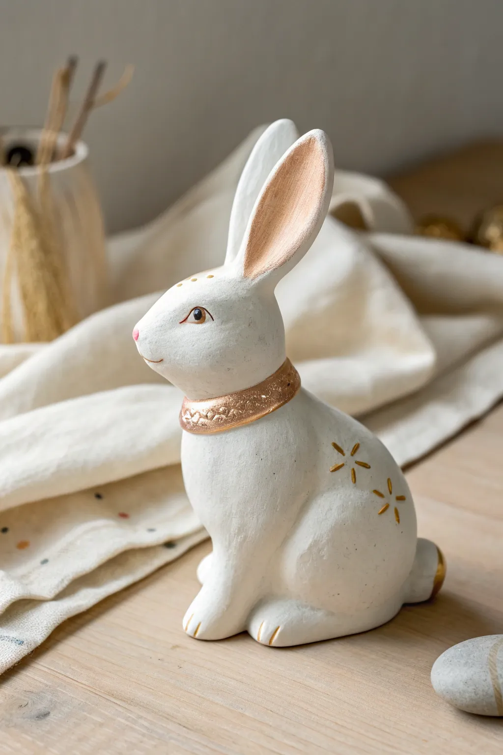 Soft matte bunny with delicate gold accents on ears and tail for an elegant handmade glow