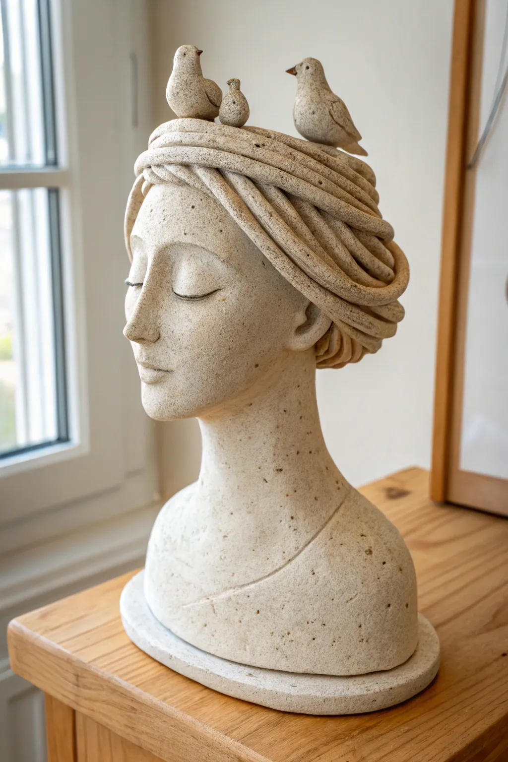 Bird-nest hair ceramic bust with tiny perched birds, minimalist boho and handmade charm