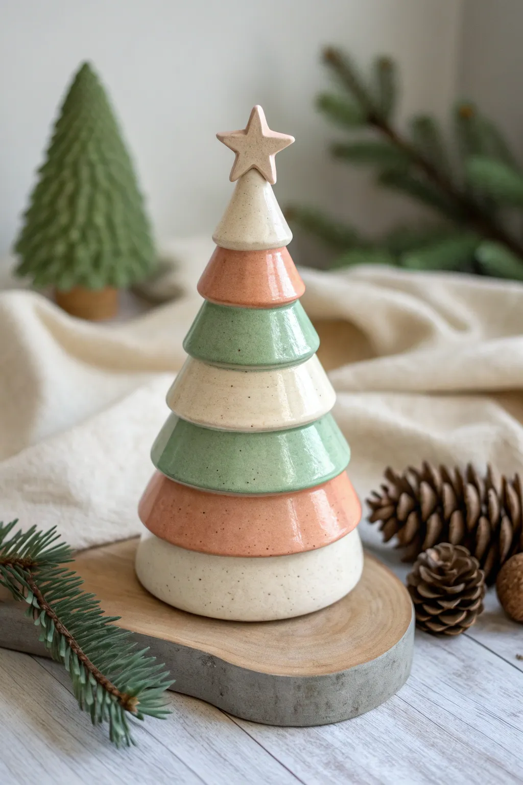 Modern color-blocked bands make this ceramic Christmas tree feel minimal and handmade