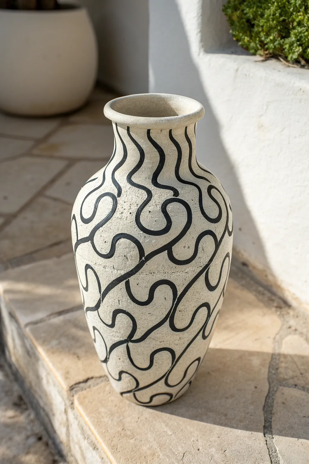 Modern squiggle-texture vase in contrasting glaze, the perfect playful minimalist clay art idea