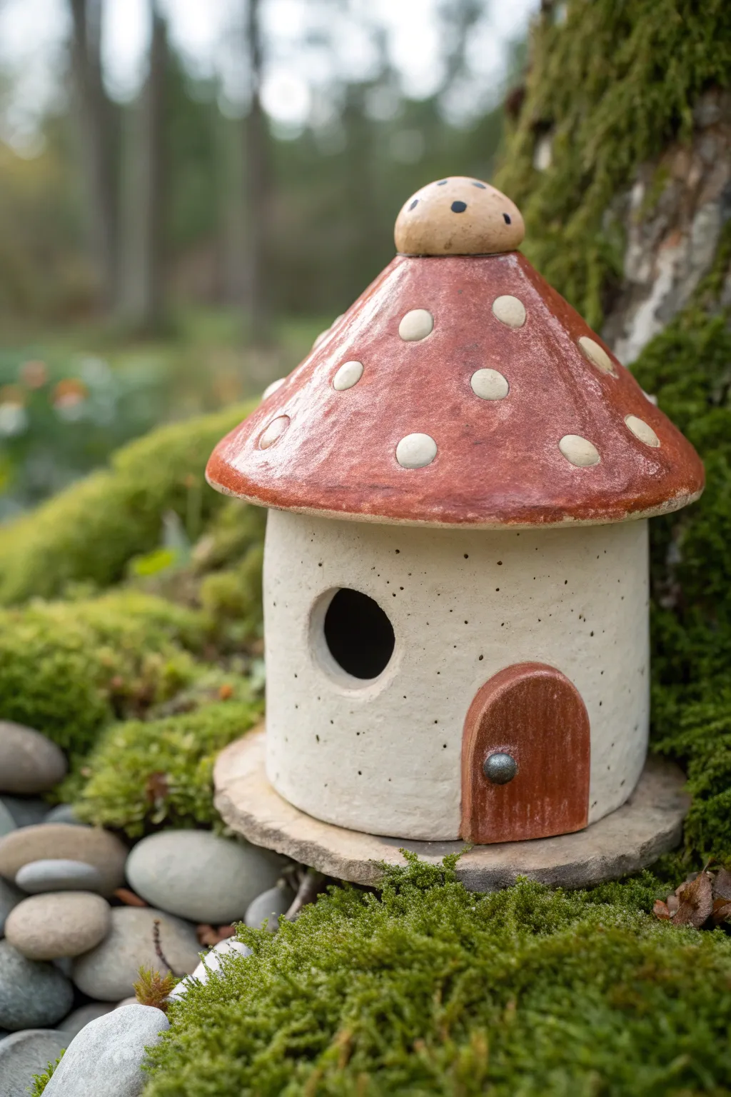 Whimsical mushroom roof ceramic birdhouse nestled in moss, simple Nordic boho charm.