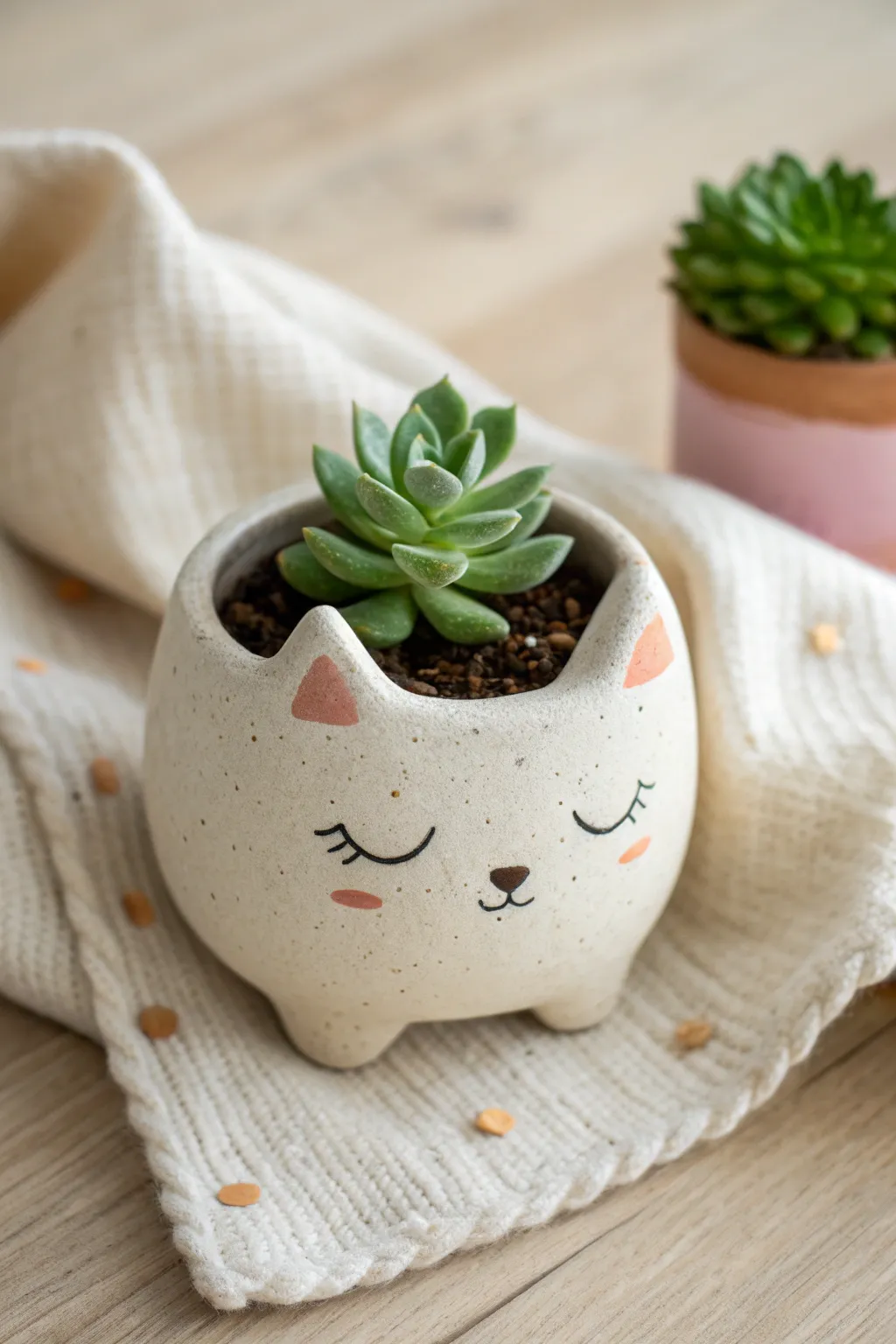 Cute ceramic cat planter with a tiny succulent, minimalist handmade charm for cozy boho spaces.