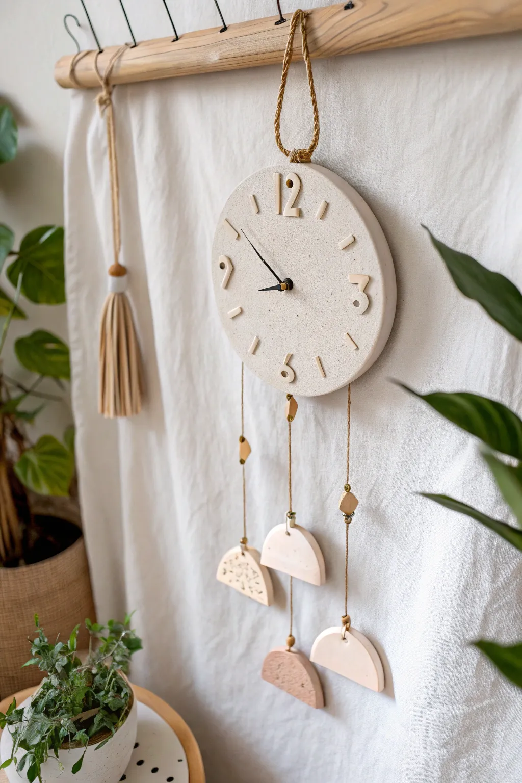 Minimal pendant ceramic clock with softly glazed dangling tiles for a calm boho look