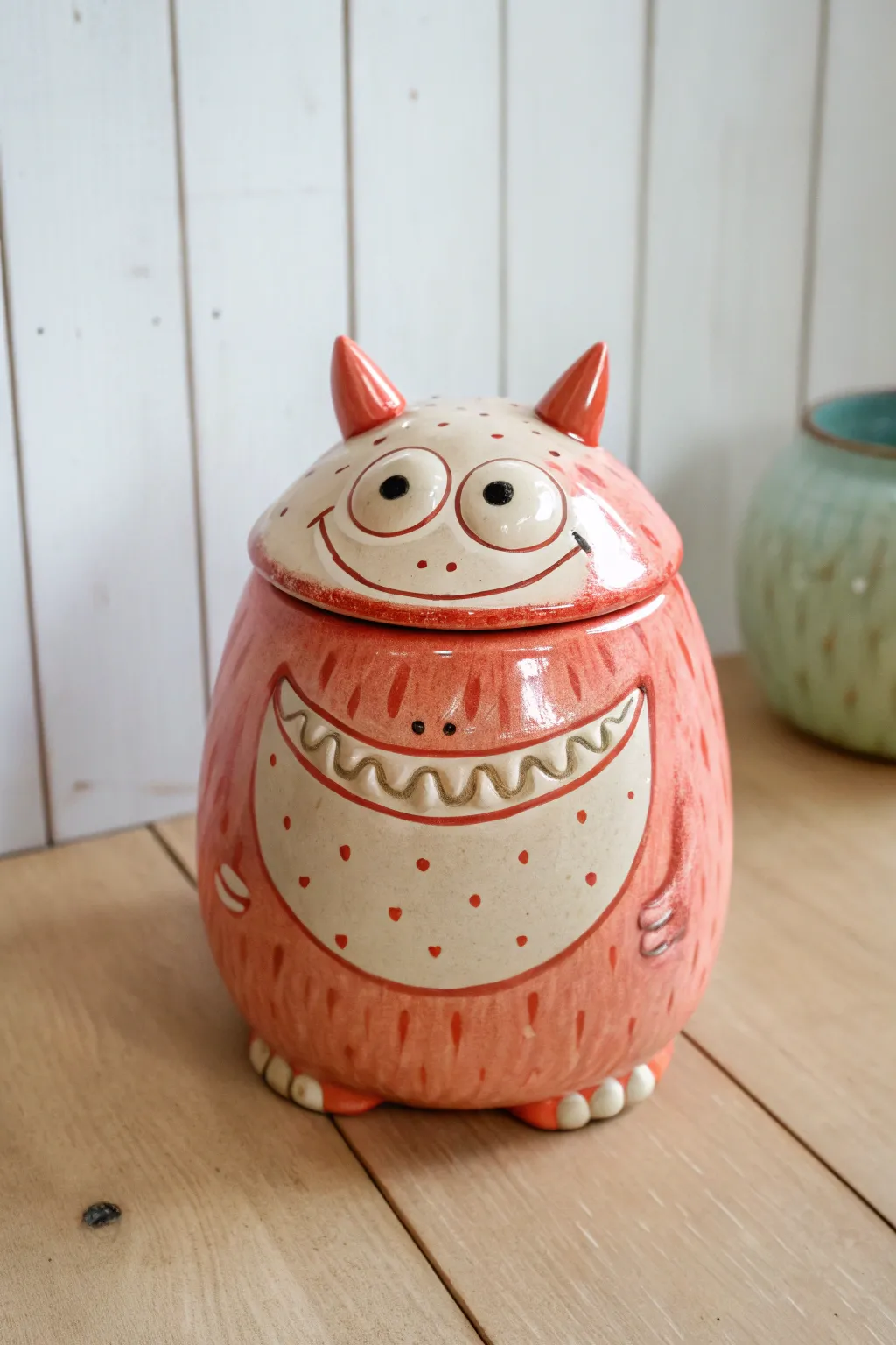 Cheerful monster cookie jar in bright glaze, bringing playful charm to a minimalist shelf.