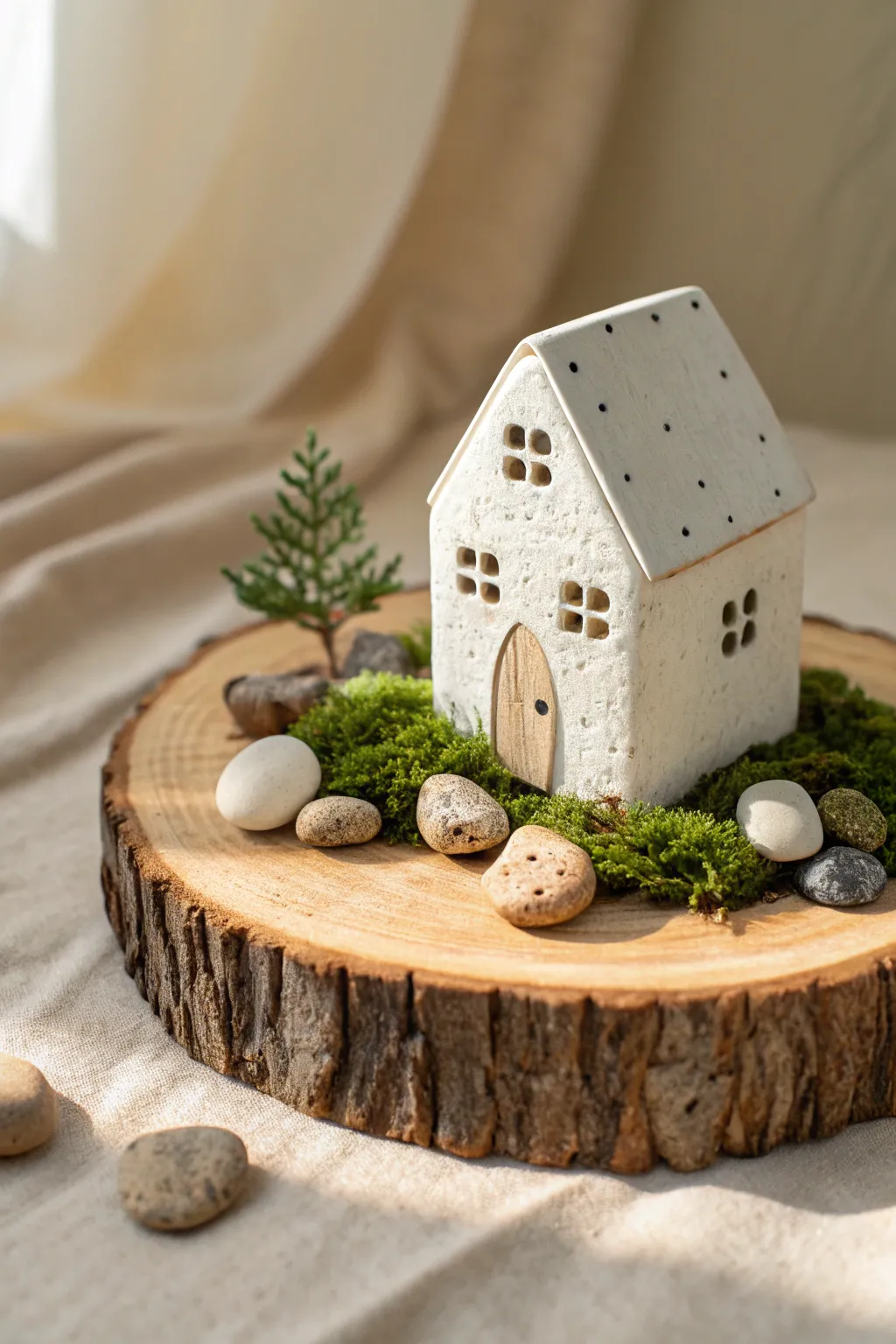 A cozy ceramic house diorama on a wood slice base with moss and pebbles, calm and minimalist