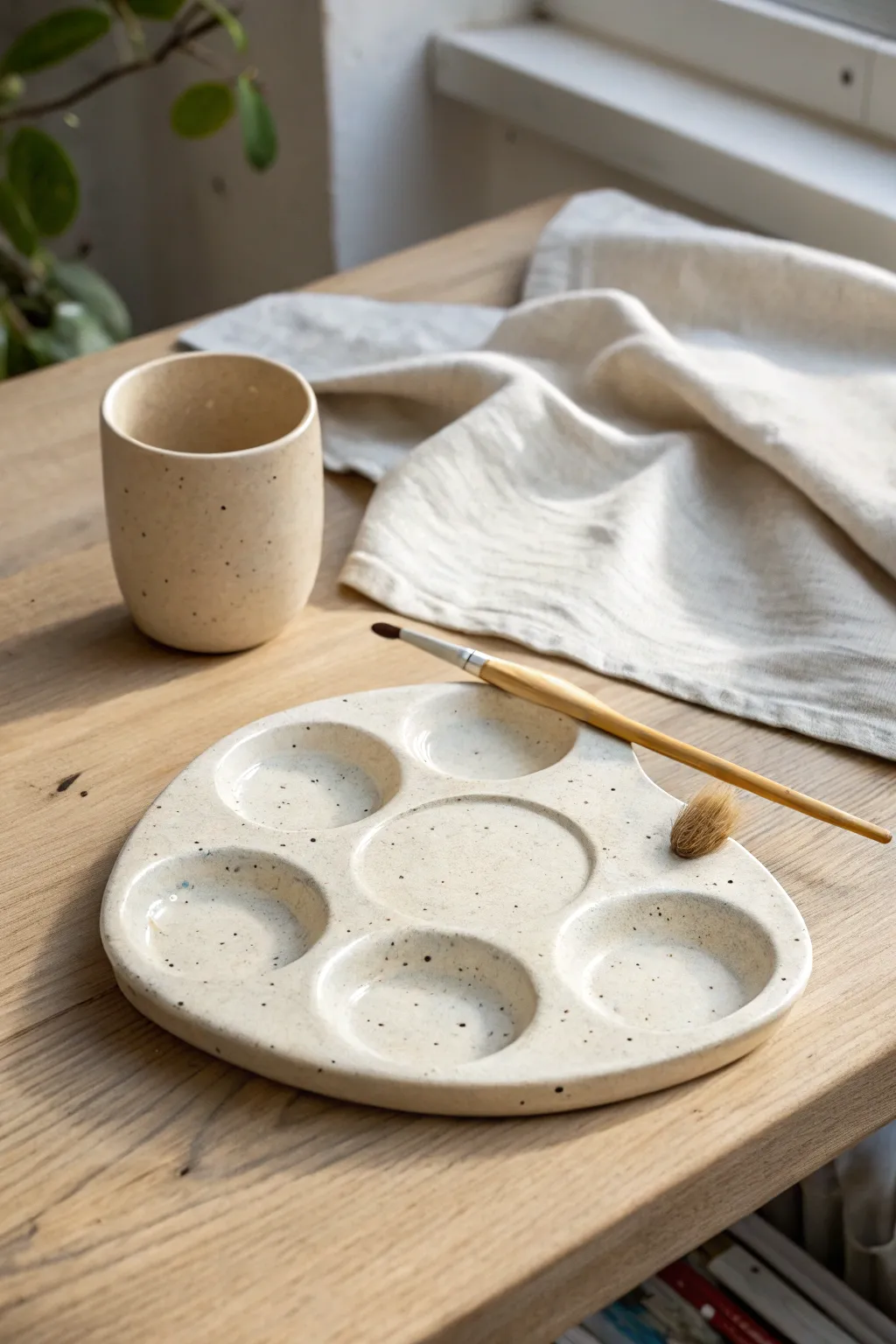 Handmade ceramic paint palette with soft wells and a brush rest, styled for a calm desk setup