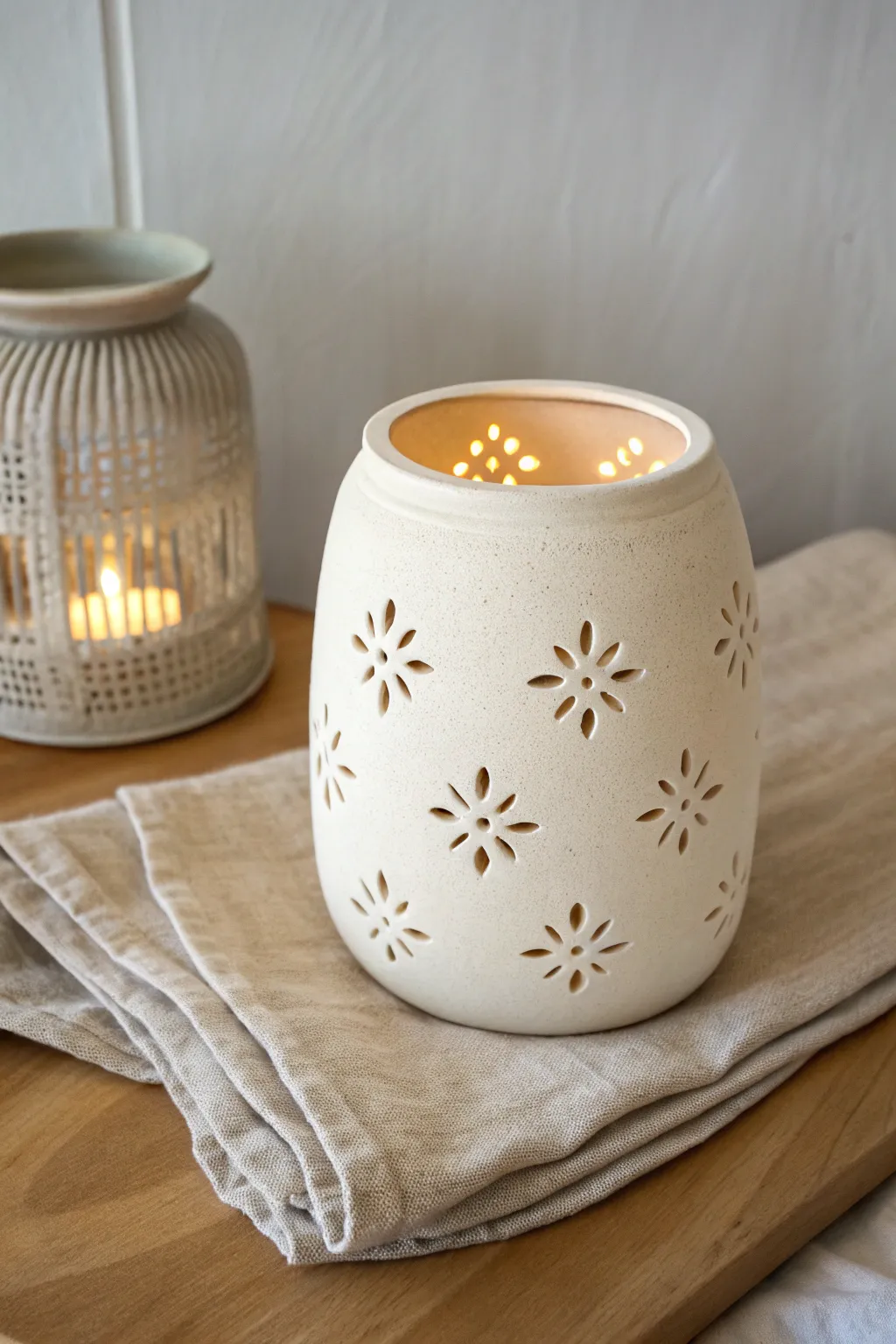 Soft-glow ceramic lantern with simple pierced pattern, perfect high school pottery project
