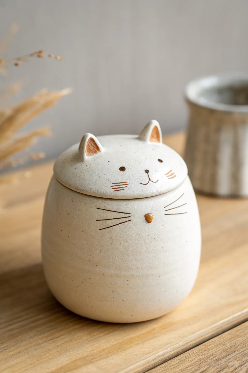 Sweet animal-lid ceramic jar idea: simple rounded body with cute underglaze face details